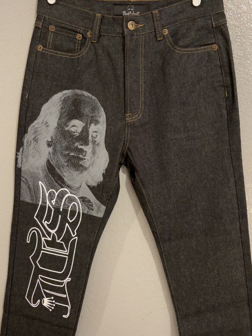 Men's Black Skinny Jeans with White Graphic Detail